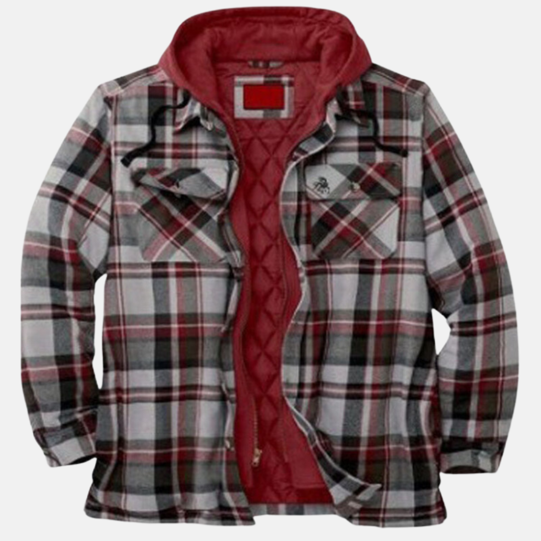 Men's Hooded Flannel Jacket – Quilted Lined Plaid Shacket in Red