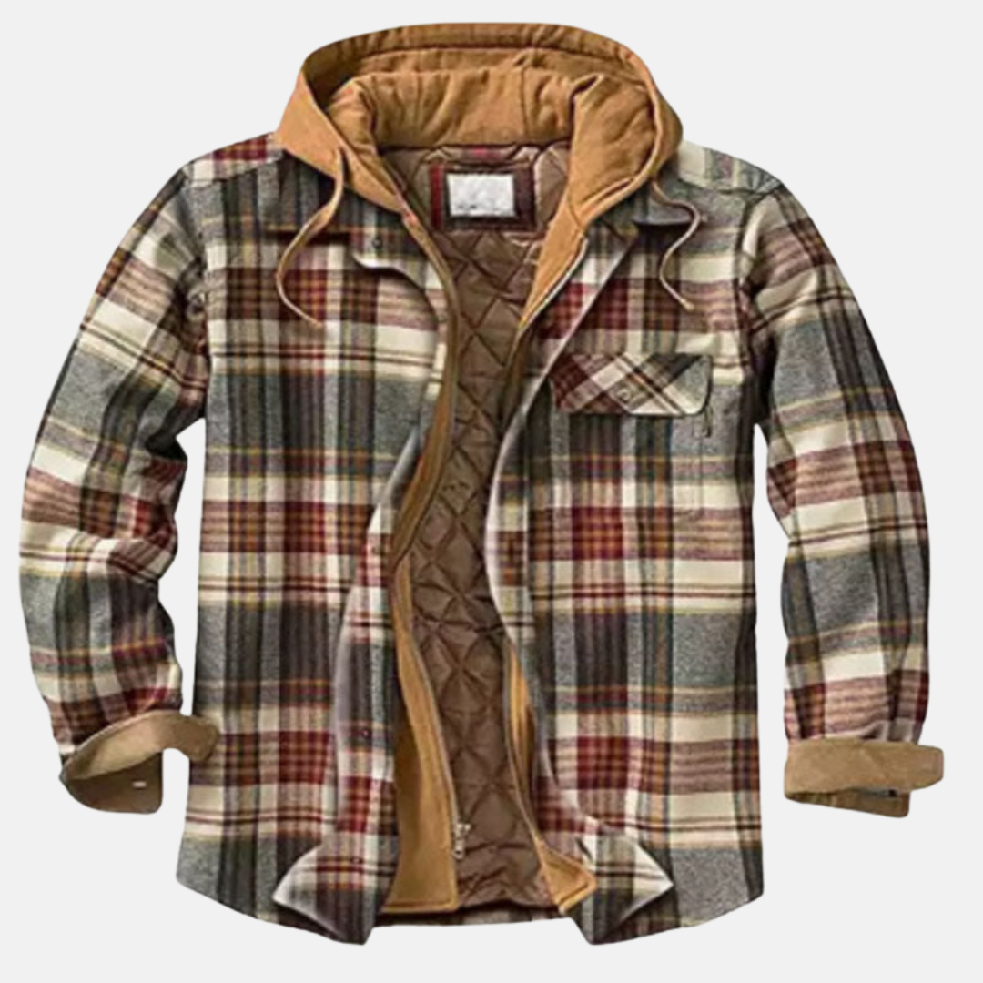Men's Hooded Flannel Jacket – Quilted Lined Plaid Shacket in Khaki