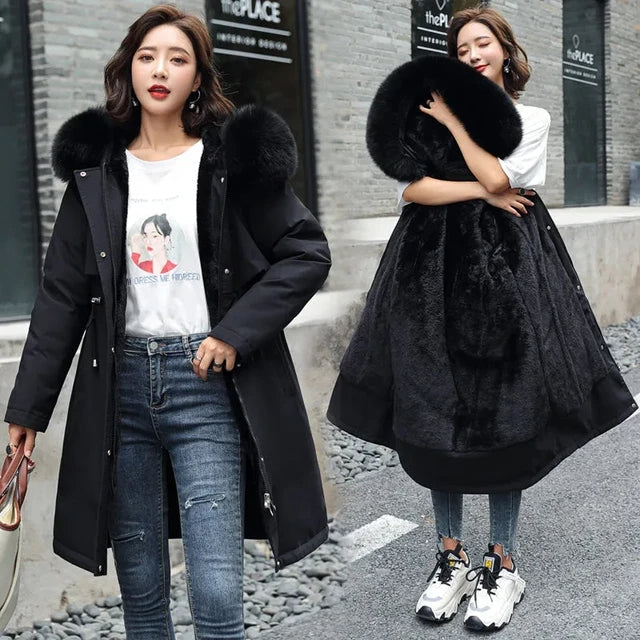 Women's Parka – Hooded Fleece Lined Winter Coat with Plush Trim in Black