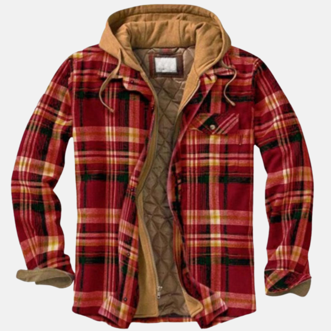 Men's Hooded Flannel Jacket – Quilted Lined Plaid Shacket in Red/Khaki