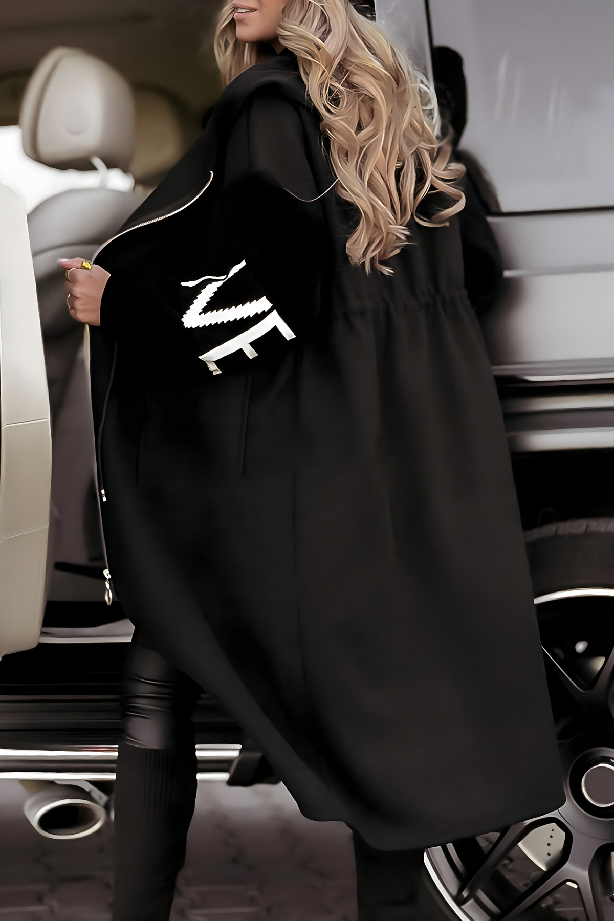 Women's Long Hooded Coat – Zip-Up Casual Jacket with Knit Sleeves – alternate view