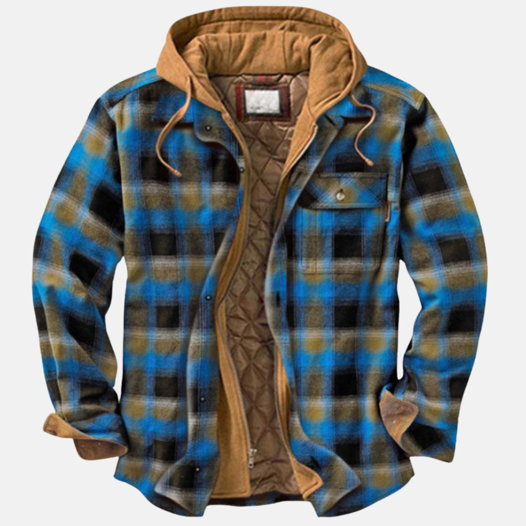 Men's Hooded Flannel Jacket – Quilted Lined Plaid Shacket in Blue/Khaki