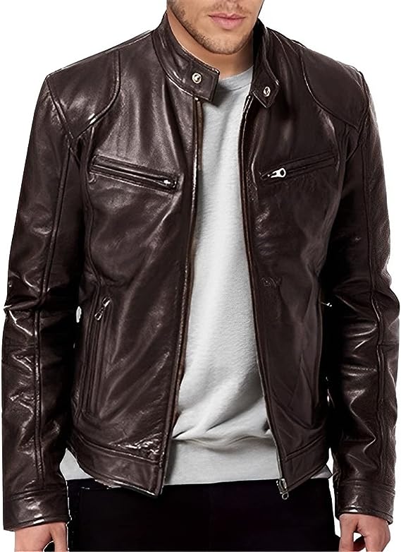 Men's Cafe Racer Leather Jacket – Slim Stand Collar Moto Jacket – alternate view