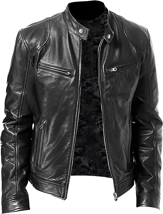Men's Cafe Racer Leather Jacket – Slim Stand Collar Moto Jacket in Black