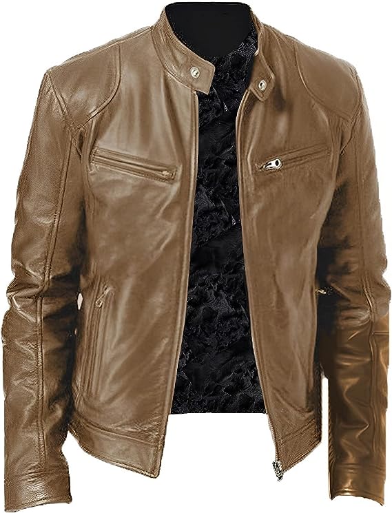 Men's Cafe Racer Leather Jacket – Slim Stand Collar Moto Jacket in Light Brown