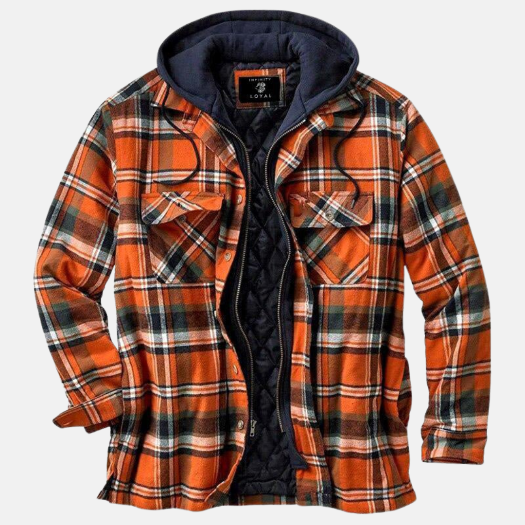Men's Hooded Flannel Jacket – Quilted Lined Plaid Shacket in Orange