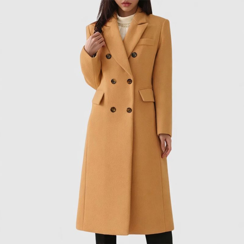 Women's Long Coat – Double Breasted Tailored Overcoat with Flap Pockets in Brown