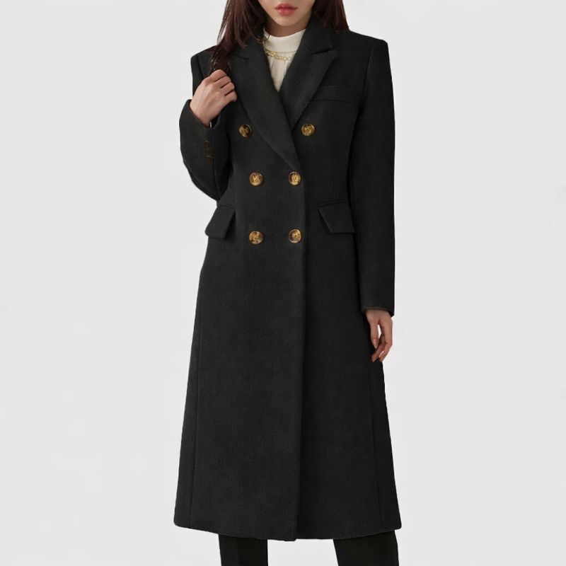 Women's Long Coat – Double Breasted Tailored Overcoat with Flap Pockets in Black