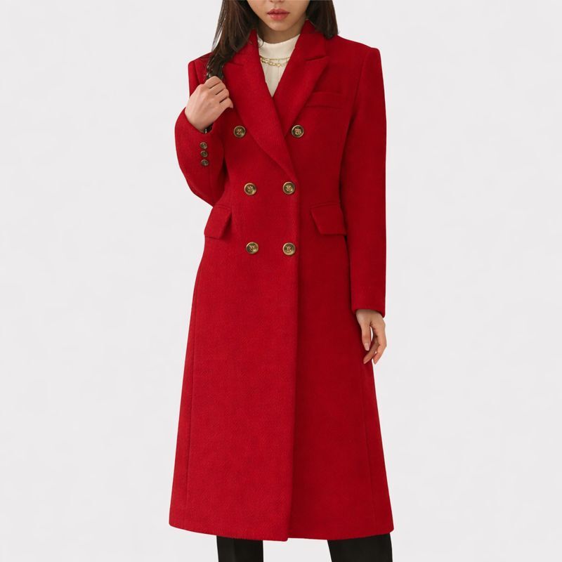 Women's Long Coat – Double Breasted Tailored Overcoat with Flap Pockets in Red