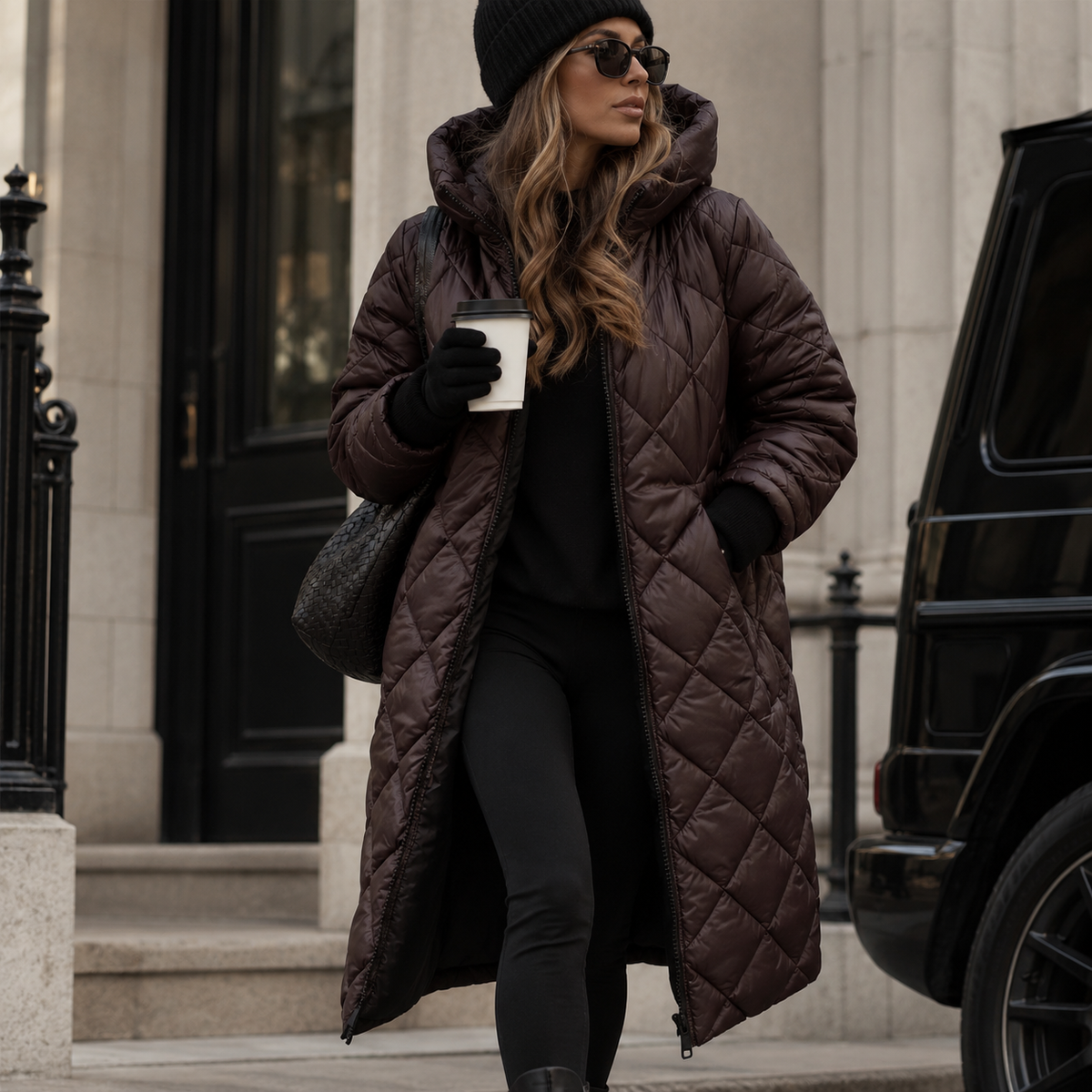 Women's Long Puffer Coat – Hooded Quilted Maxi Winter Coat in Brown