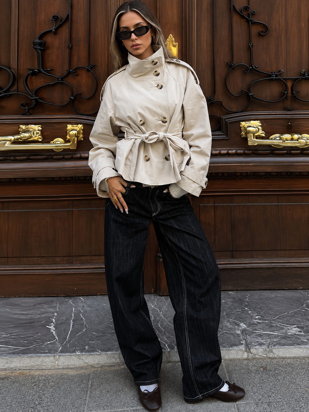 Women's Cropped Trench Jacket – Double Breasted Belted Jacket with Stand Collar – alternate view