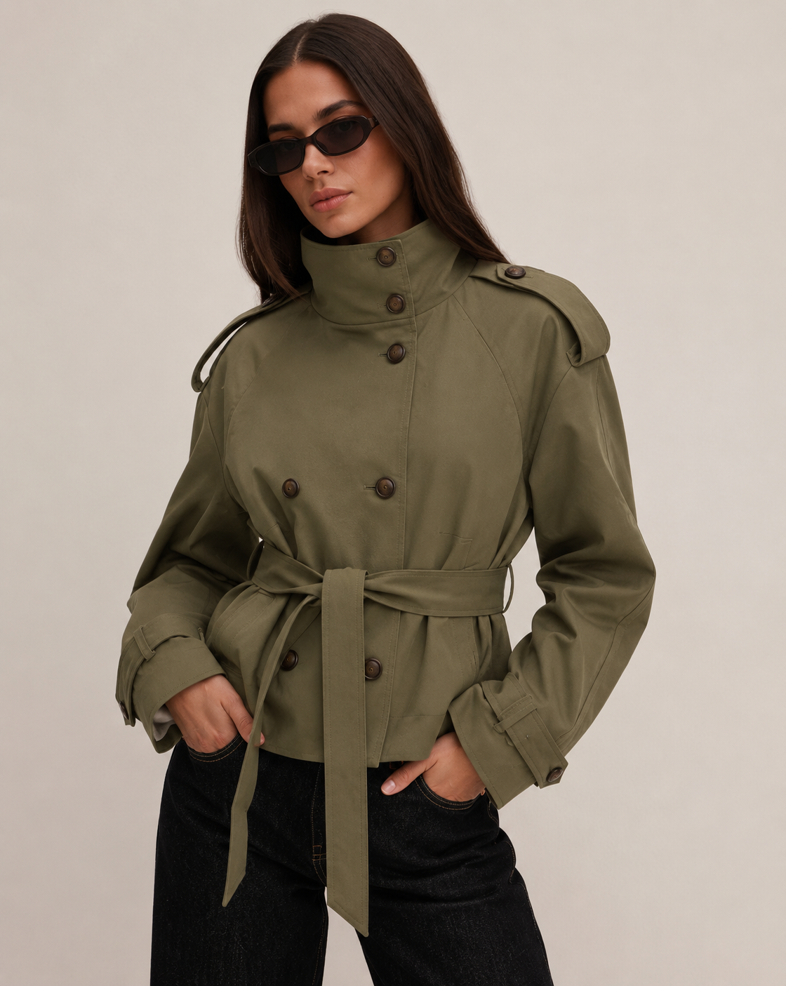 Women's Cropped Trench Jacket – Double Breasted Belted Jacket with Stand Collar in Green