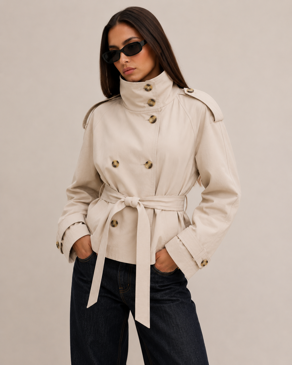 Women's Cropped Trench Jacket – Double Breasted Belted Jacket with Stand Collar in Sand