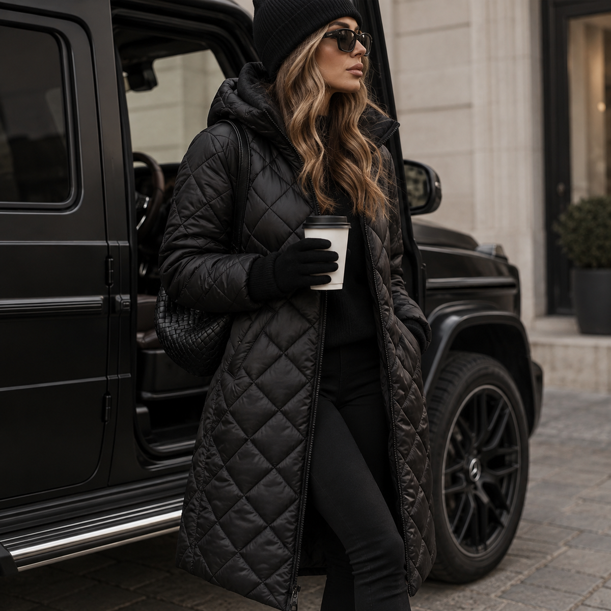 Women's Long Puffer Coat – Hooded Quilted Maxi Winter Coat in Black
