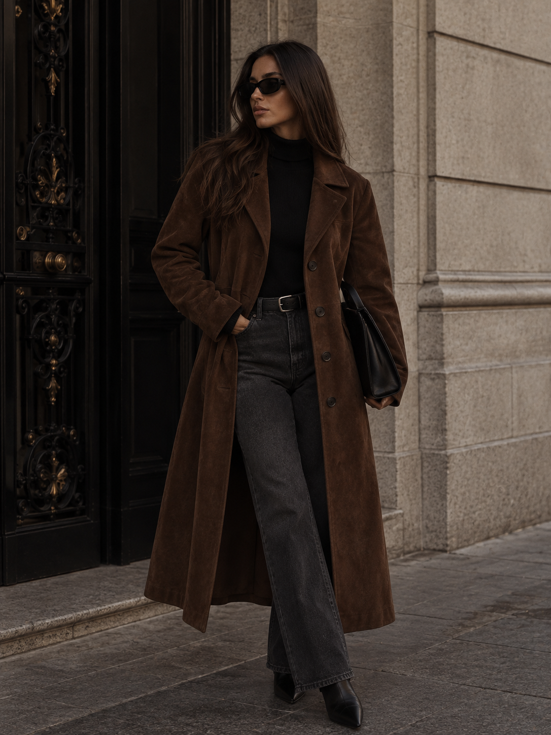 Women's Trench Coat – Long Faux Suede Belted Vintage Coat in Brown