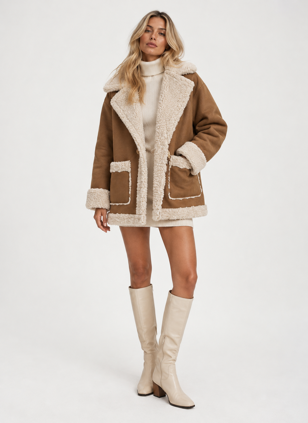 Women's Faux Shearling Jacket – Brown Aviator Coat with Contrast Panels – alternate view