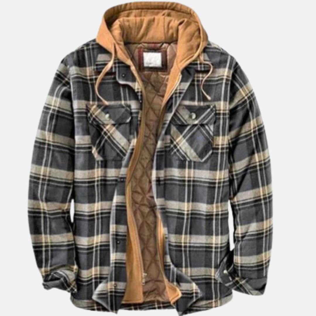 Men's Hooded Flannel Jacket – Quilted Lined Plaid Shacket in Gray