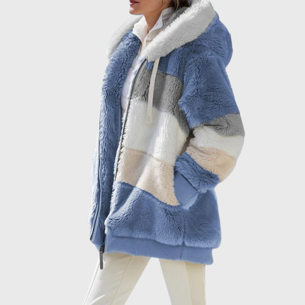 Women's Fleece Jacket – Fuzzy Color Block Hooded Zip-Up Coat in Blue Stripes