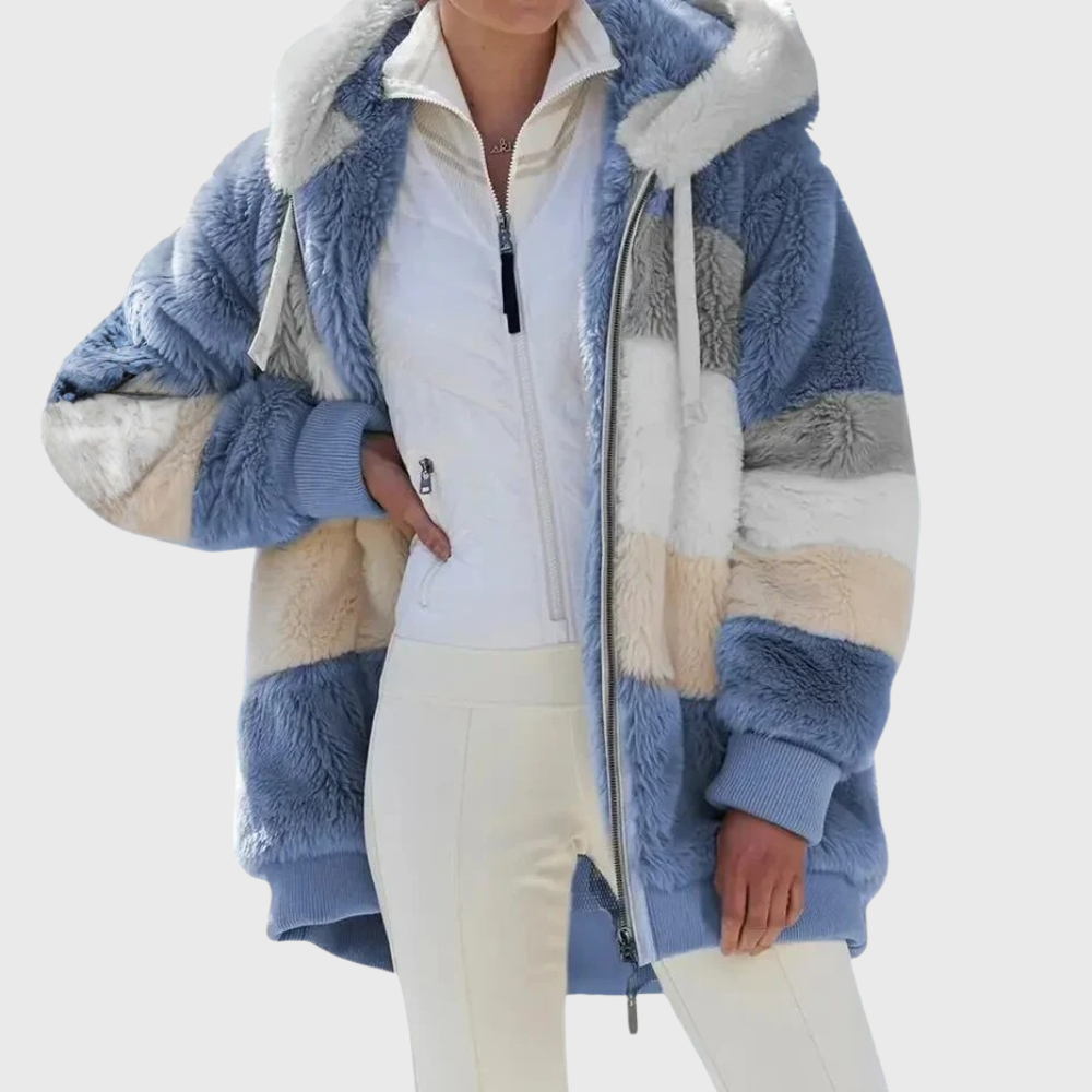 Women's Fleece Jacket – Fuzzy Color Block Hooded Zip-Up Coat – alternate view