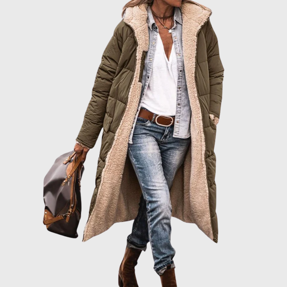 Women's Long Puffer Coat – Reversible Hooded Winter Parka in Green