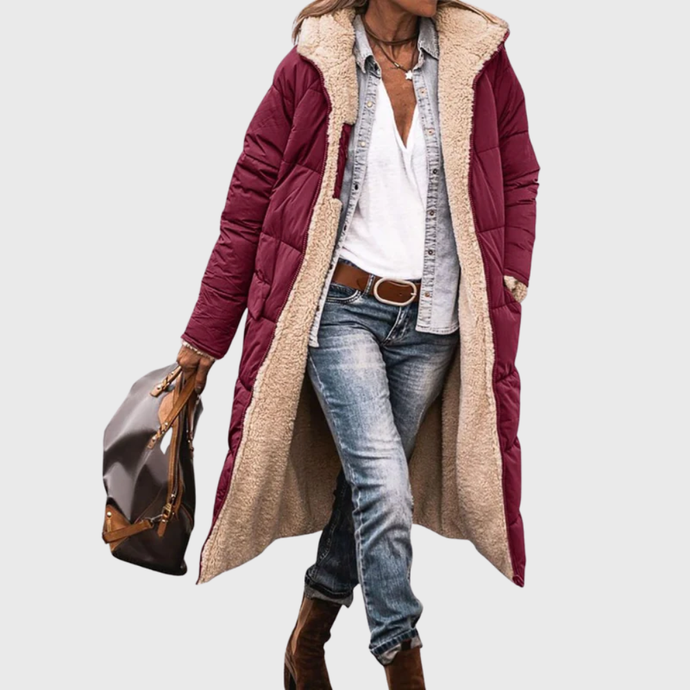 Women's Long Puffer Coat – Reversible Hooded Winter Parka in Dark Red