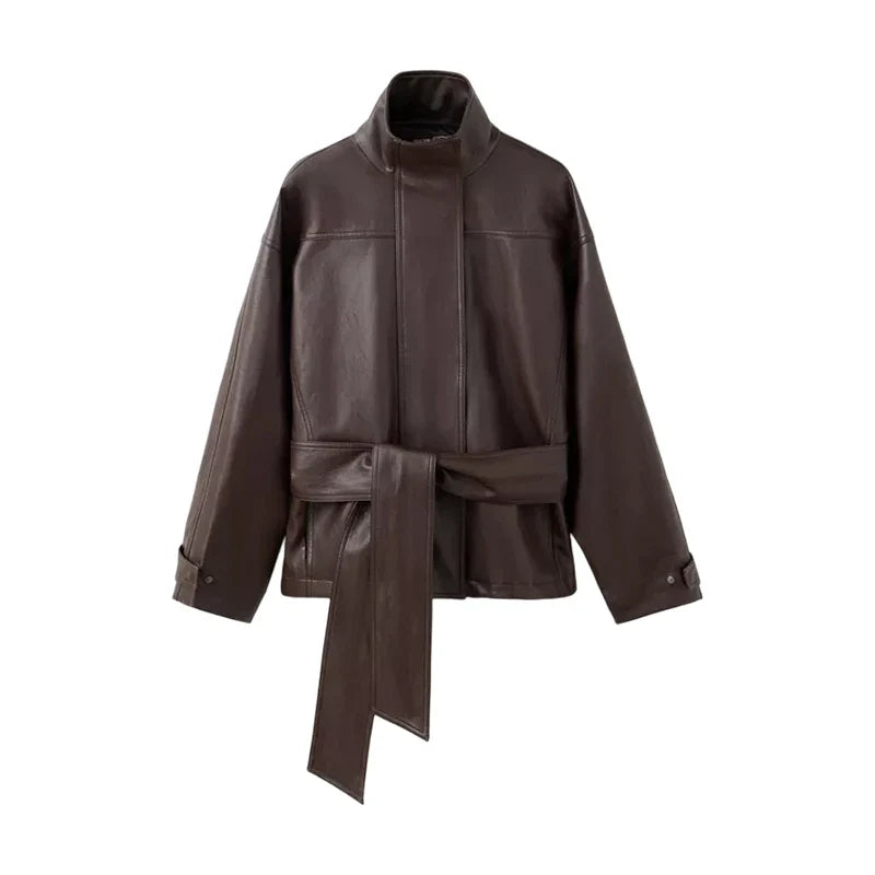Women's Leather Jacket – Oversized Belted Leather Coat with Stand Collar – alternate view