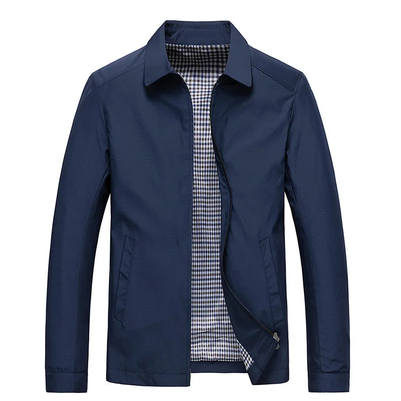 Men's Windbreaker Jacket – Lightweight Harrington Jacket with Plaid Lining in Navy Blue