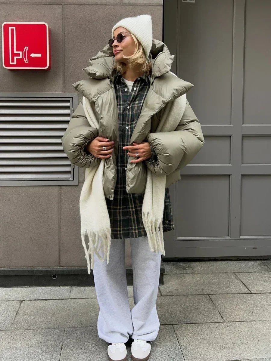 Women's Puffer Jacket – Oversized Glossy Quilted Coat with High Collar in Green