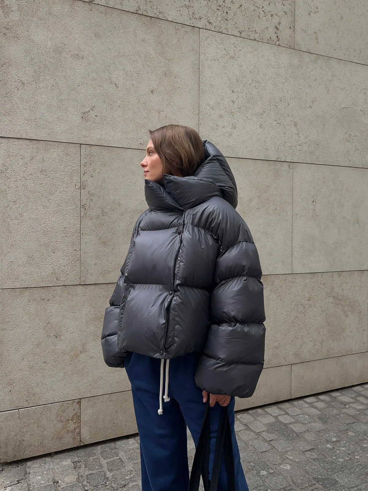 Women's Puffer Jacket – Oversized Glossy Quilted Coat with High Collar – alternate view