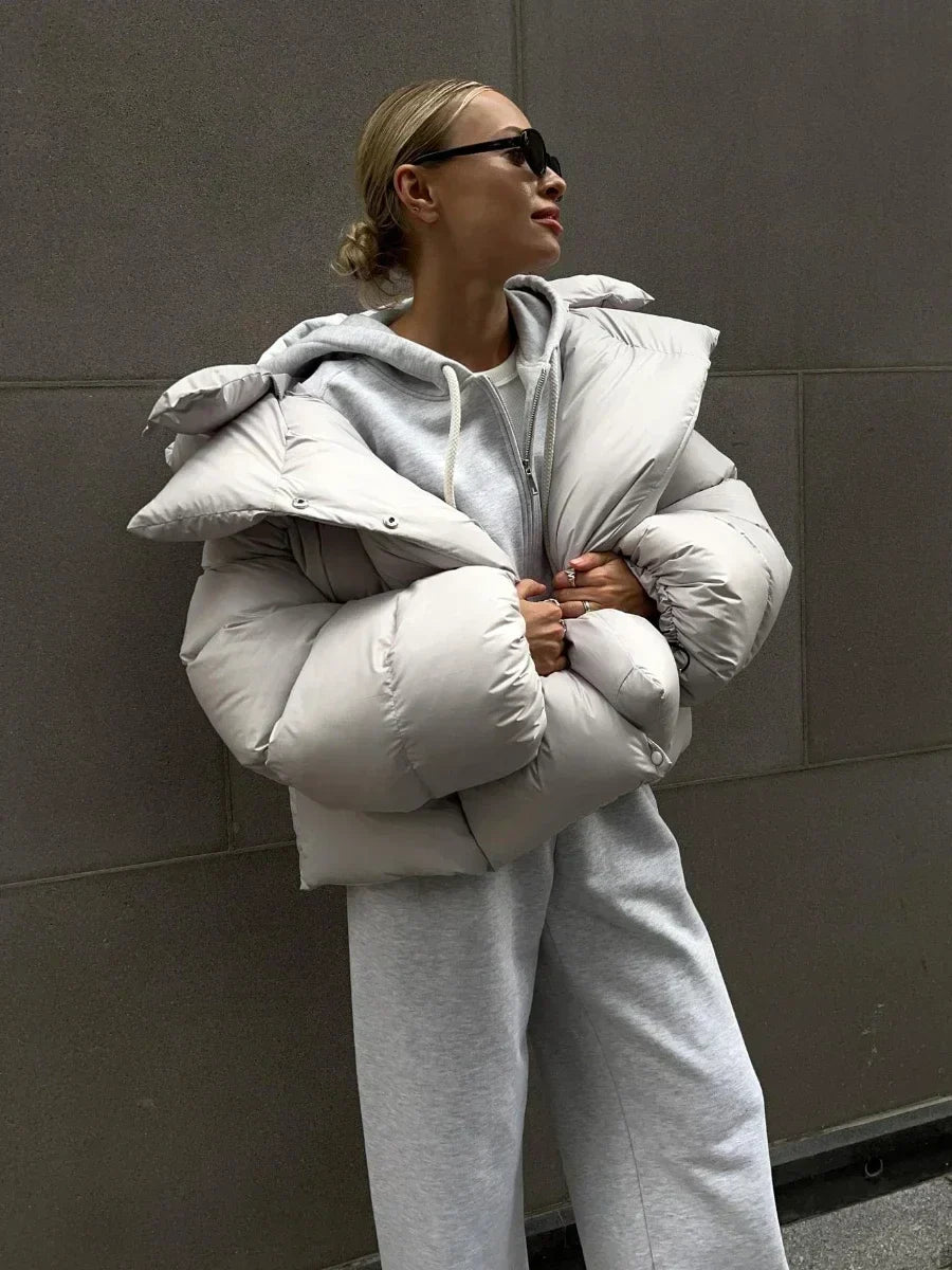 Women's Puffer Jacket – Oversized Glossy Quilted Coat with High Collar in White