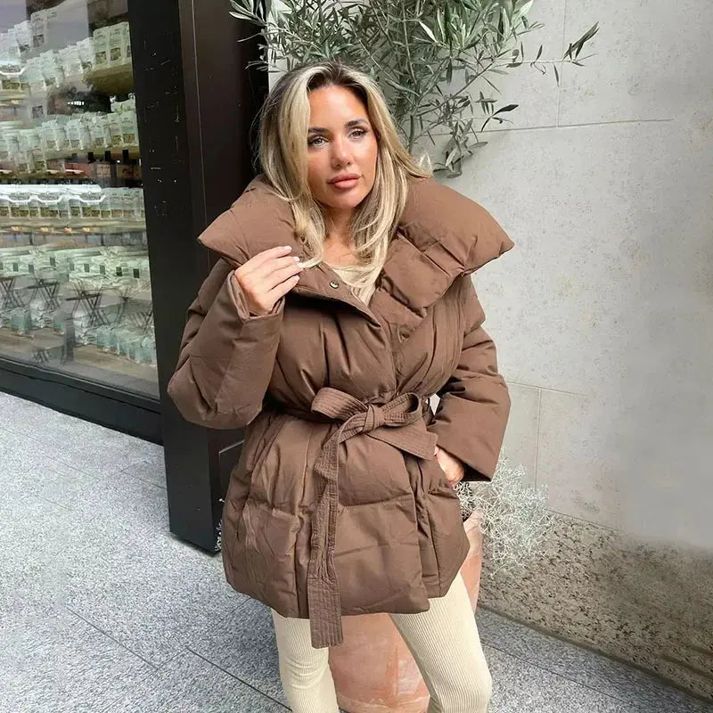 Women's Puffer Jacket – Belted Quilted Padded Winter Coat in Brown