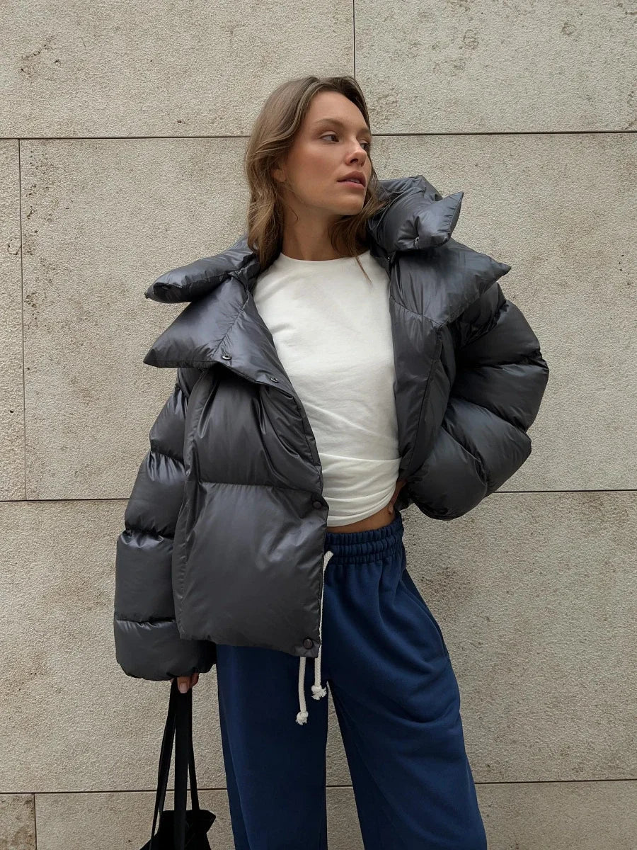 Women's Puffer Jacket – Oversized Glossy Quilted Coat with High Collar in Gray