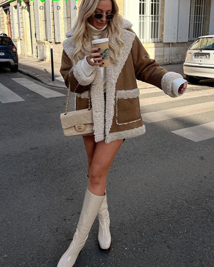 Women's Faux Shearling Jacket – Brown Aviator Coat with Contrast Panels – alternate view