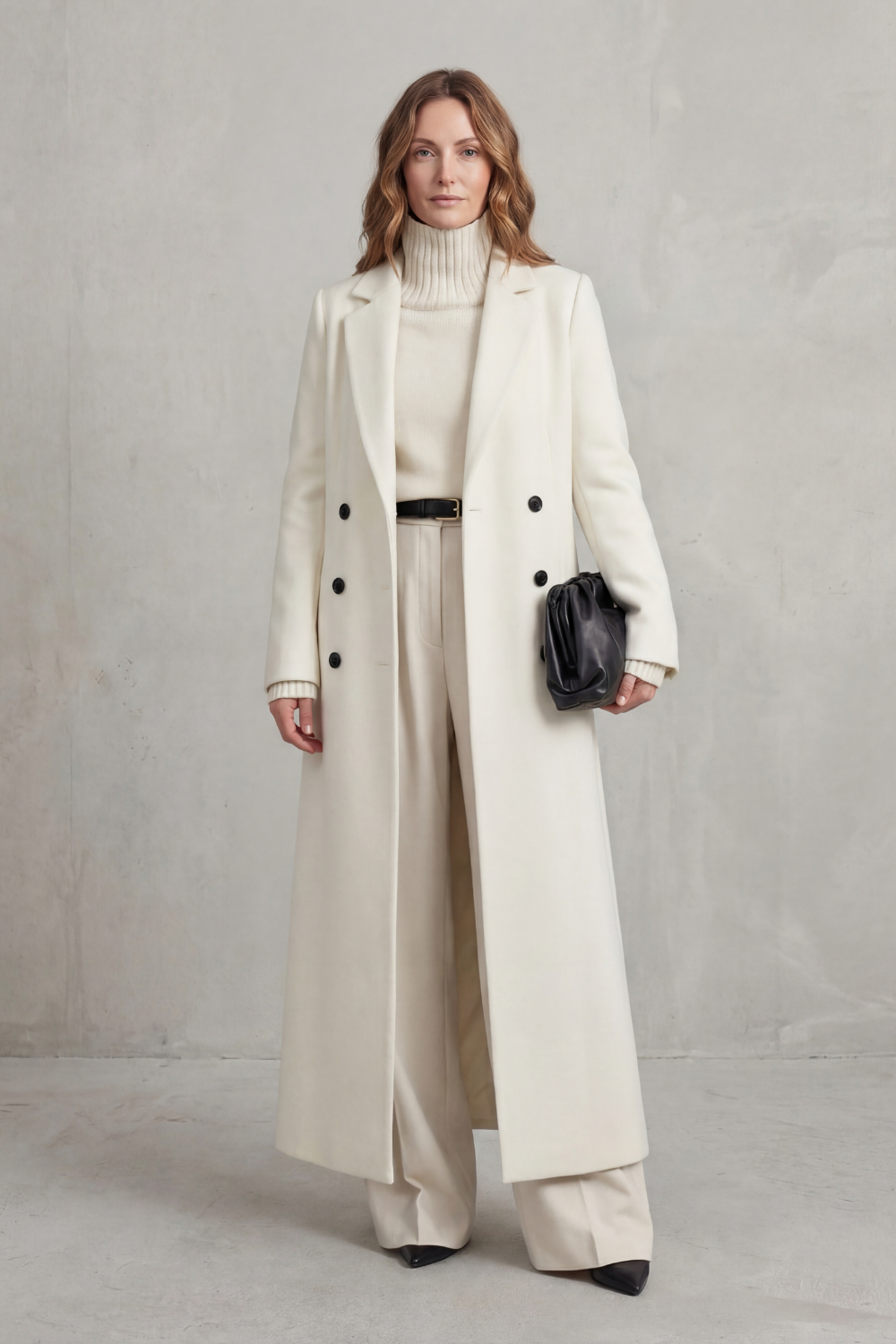 Women's Long Maxi Coat – Double Breasted A-Line Lightweight Coat in White
