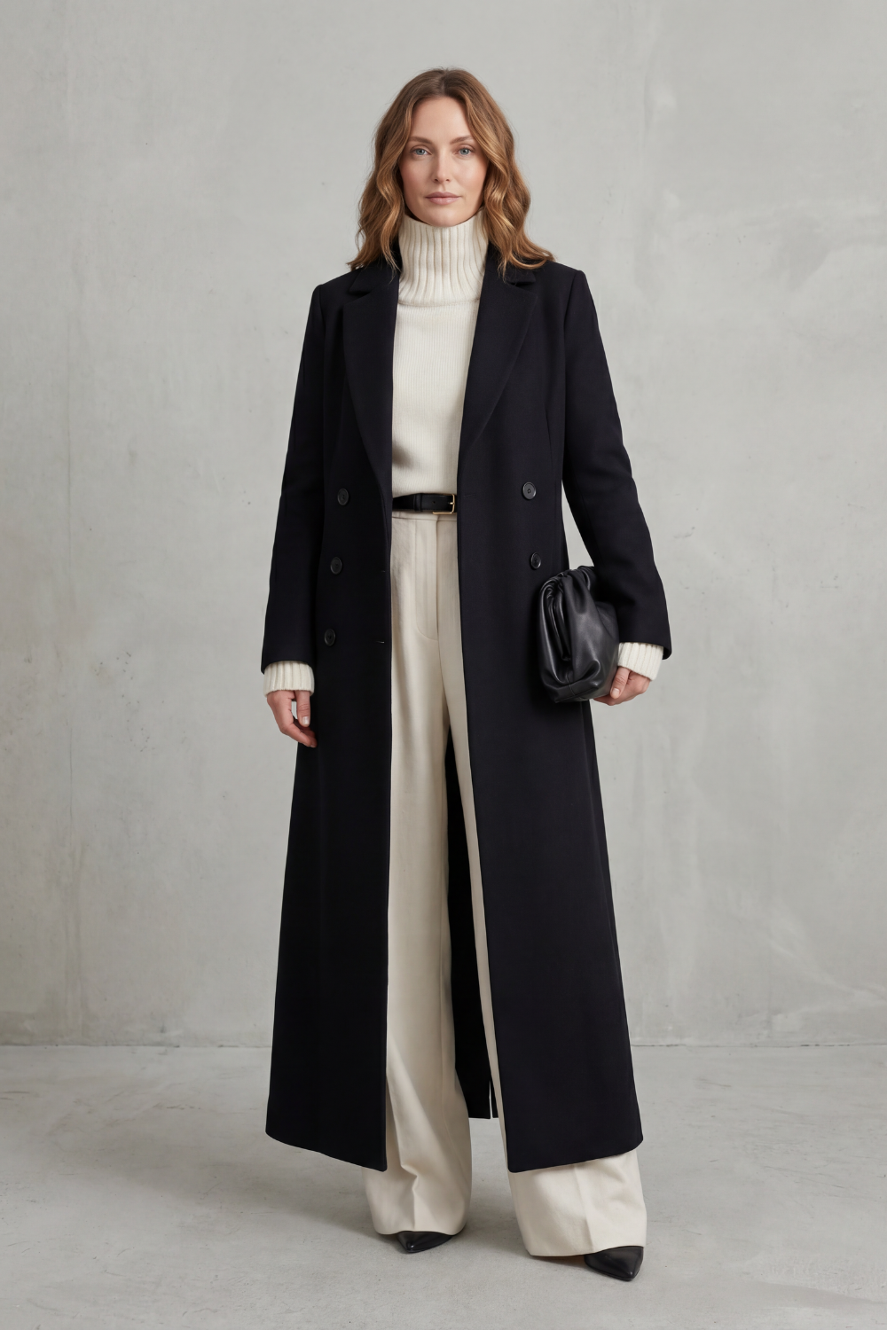 Women's Long Maxi Coat – Double Breasted A-Line Lightweight Coat in Black