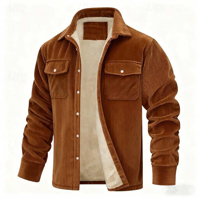 Men's Sherpa Lined Corduroy Jacket – Button Up Trucker Jacket in Brown