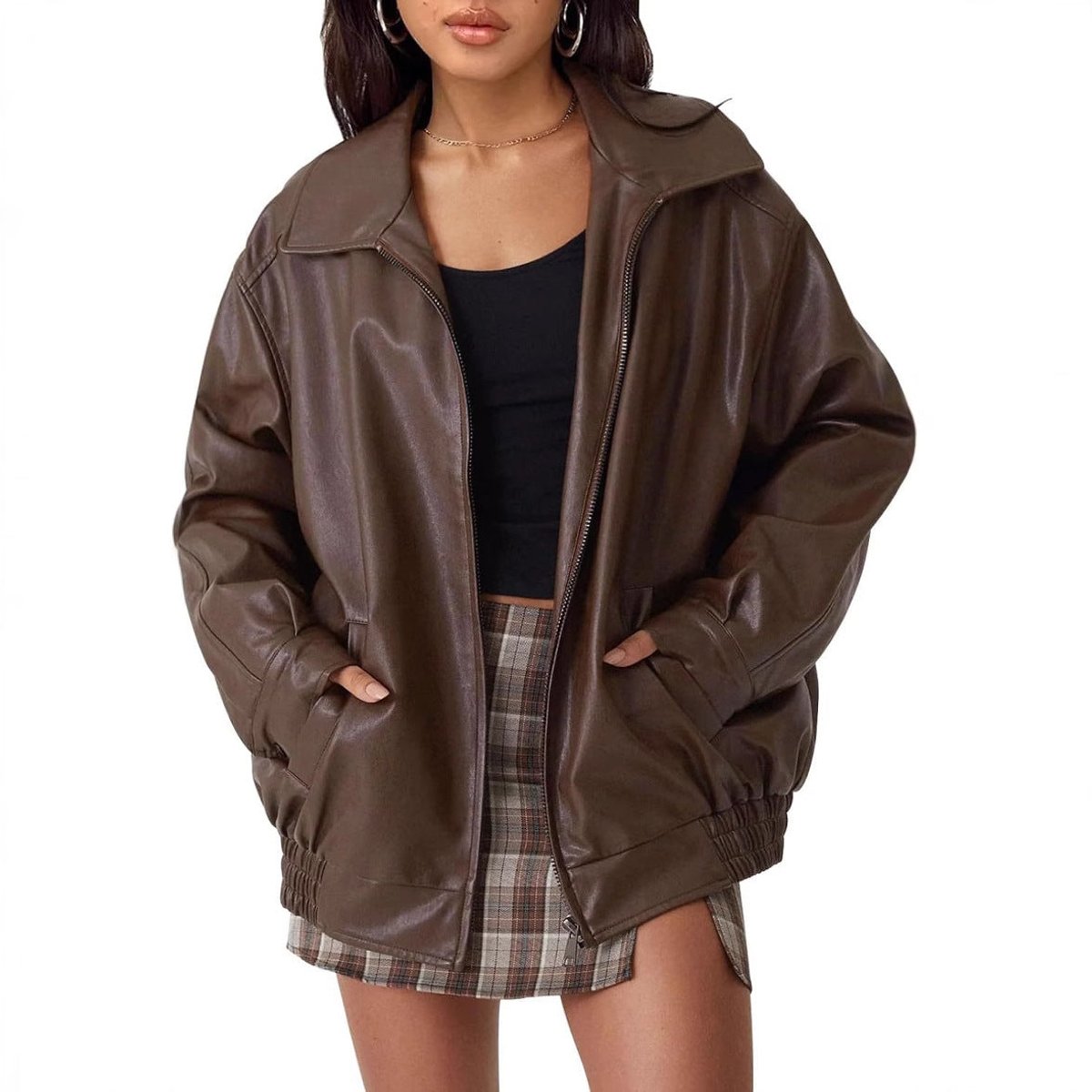 Women's Oversized Bomber Jacket – Wide Collar Zip-Up Jacket – alternate view