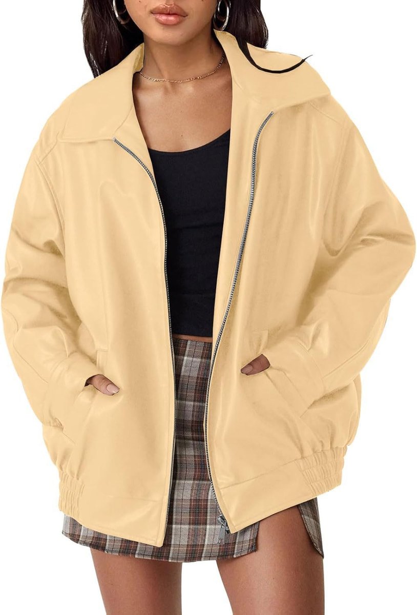 Women's Oversized Bomber Jacket – Wide Collar Zip-Up Jacket in Apricot