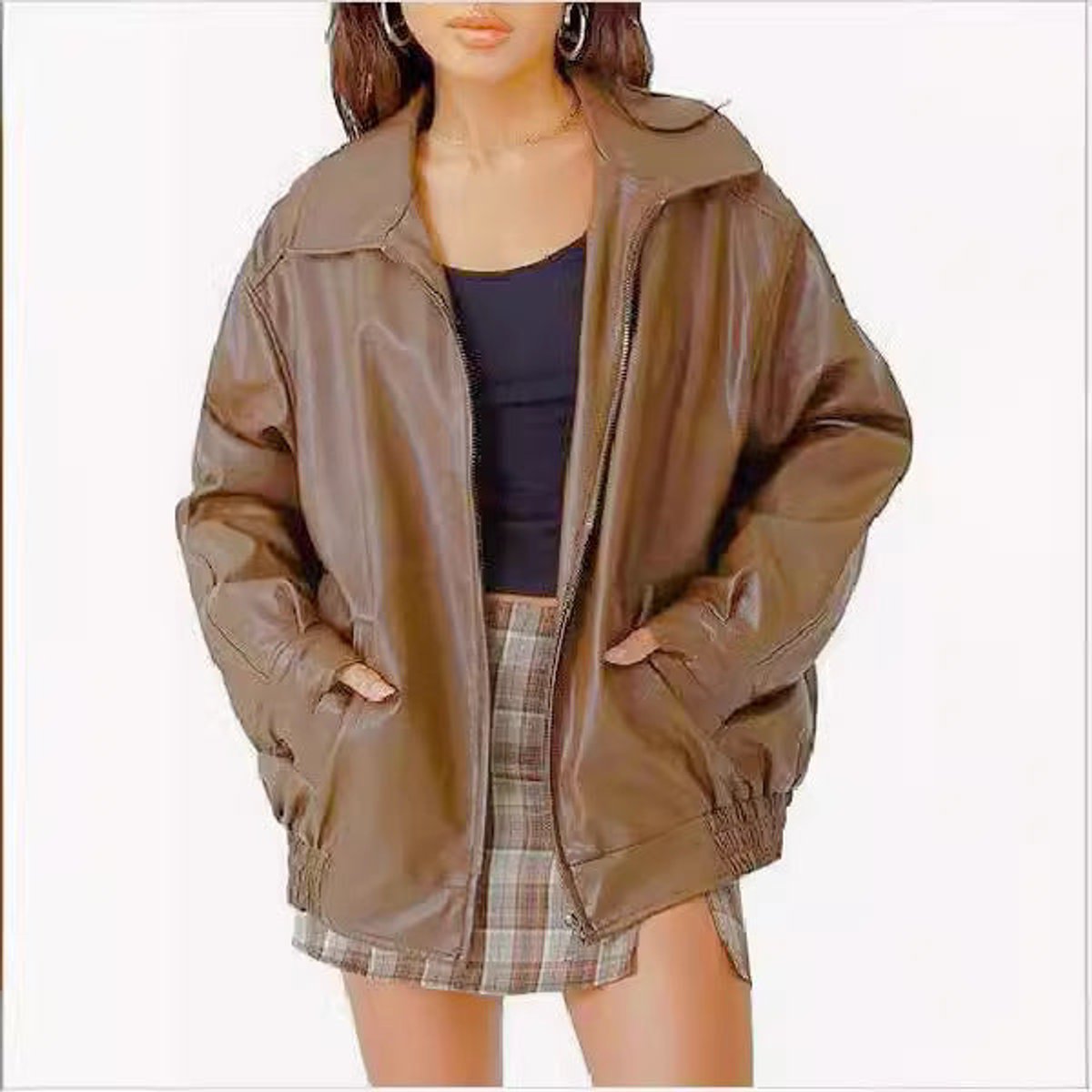 Women's Oversized Bomber Jacket – Wide Collar Zip-Up Jacket in Camel