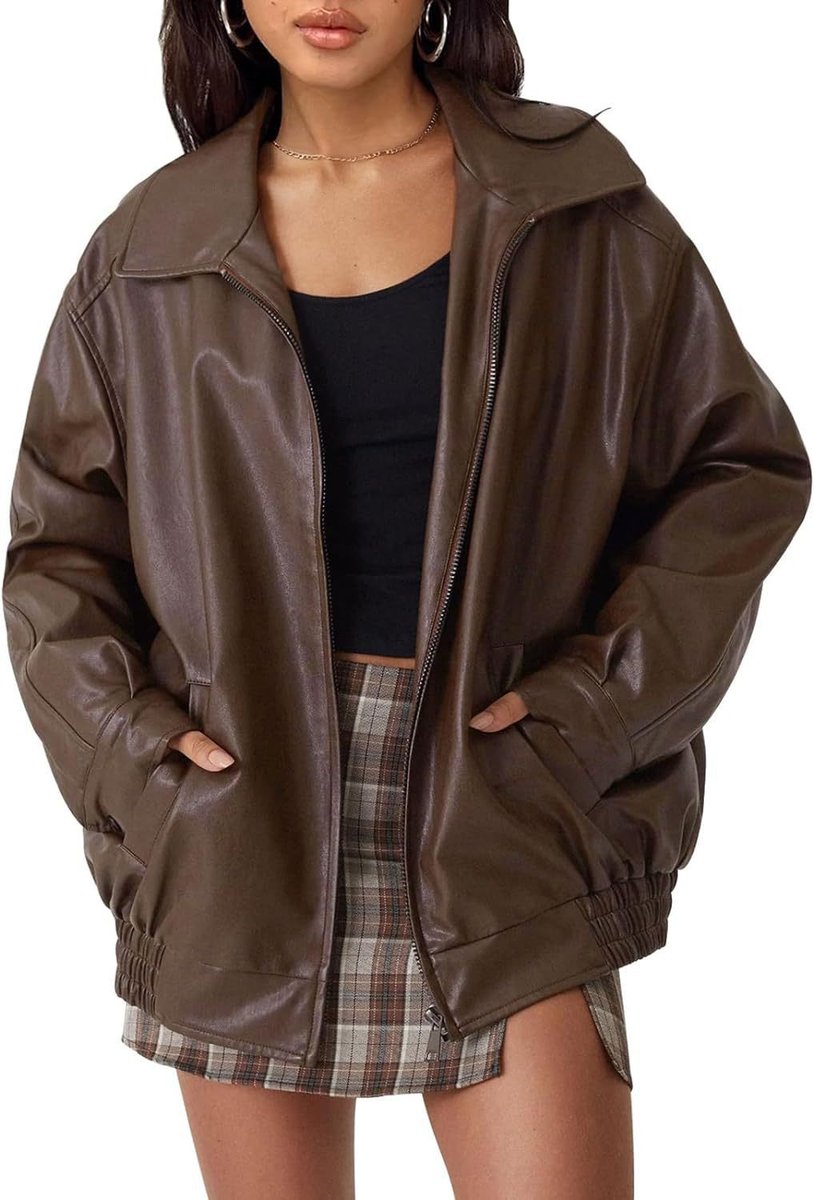 Women's Oversized Bomber Jacket – Wide Collar Zip-Up Jacket in Dark Brown