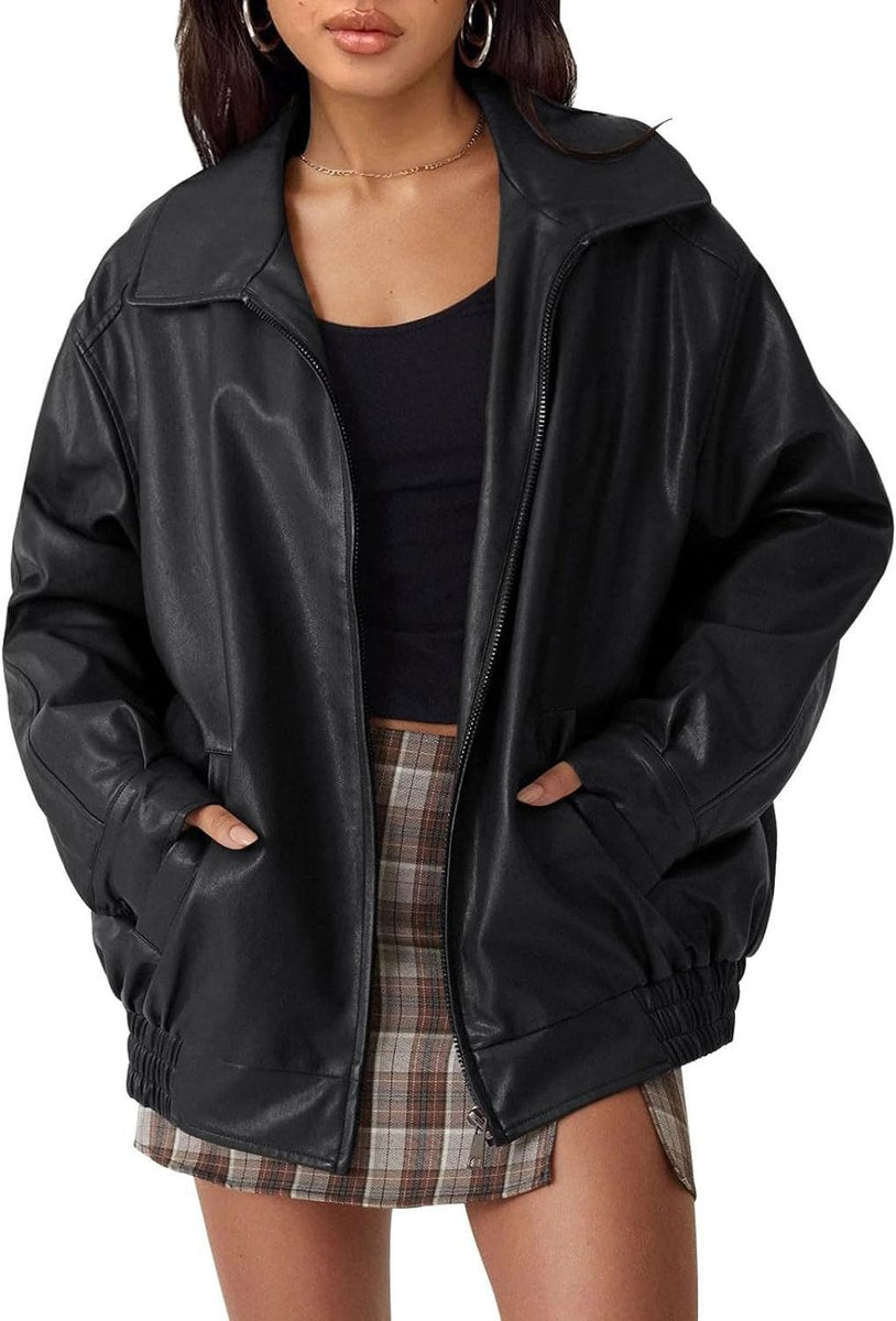 Women's Oversized Bomber Jacket – Wide Collar Zip-Up Jacket in Black