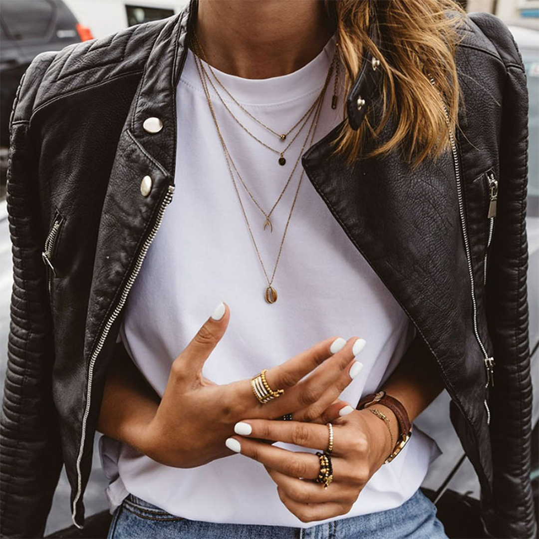 Women's Black Leather Jacket – Moto Biker Jacket with Quilted Shoulders – alternate view