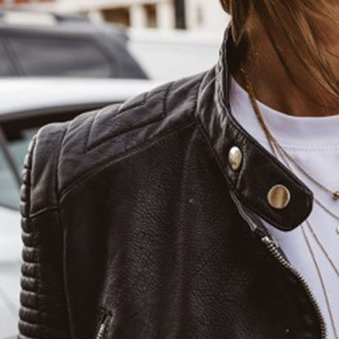 Women's Black Leather Jacket – Moto Biker Jacket with Quilted Shoulders – alternate view