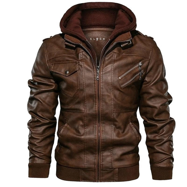 Men's Leather Jacket with Detachable Hood – Zip-Up Moto Jacket in Brown