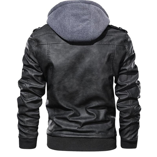 Men's Leather Jacket with Detachable Hood – Zip-Up Moto Jacket – alternate view