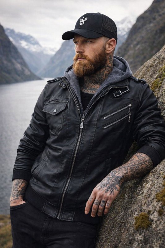 Men's Leather Jacket with Detachable Hood – Zip-Up Moto Jacket