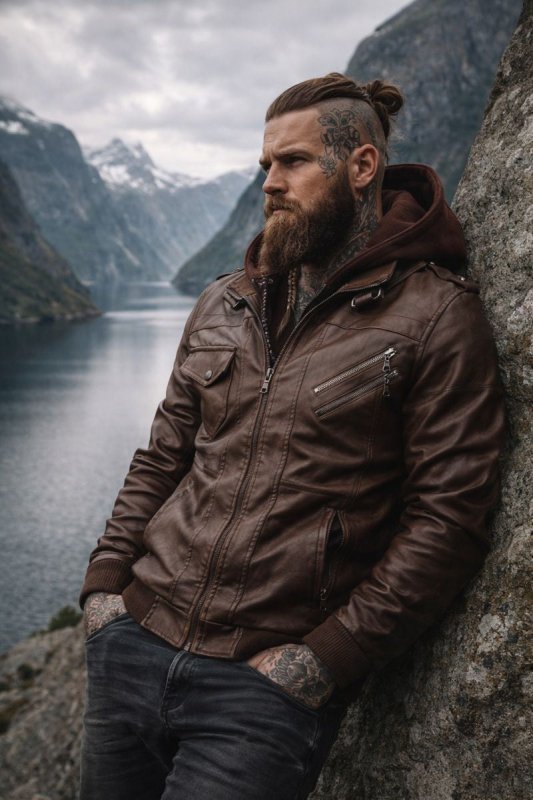 Men's Leather Jacket with Detachable Hood – Zip-Up Moto Jacket – alternate view