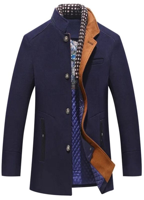 Men's Winter Coat – Stand Collar Car Coat with Quilted Lining in Royal Blue