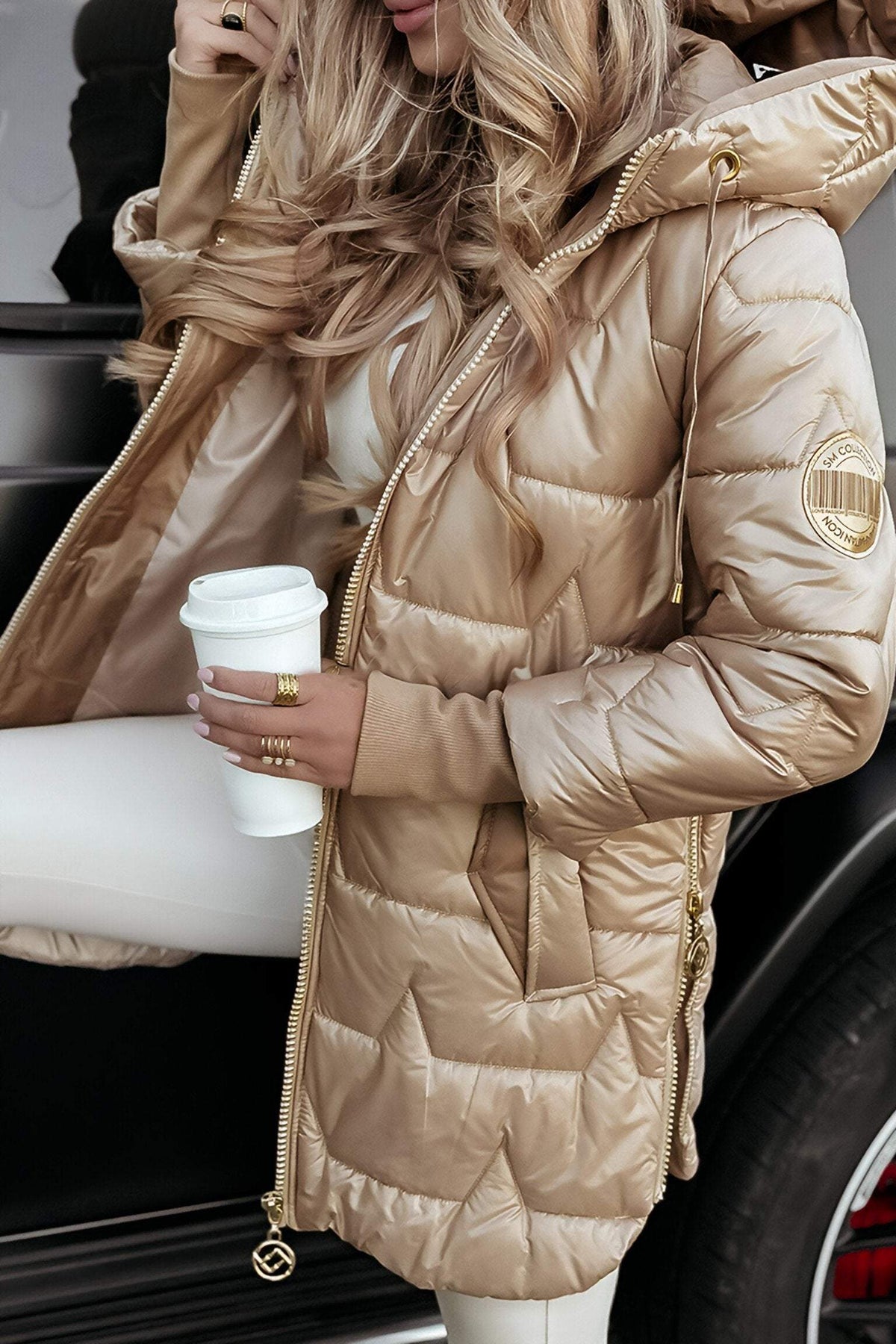 Women's Puffer Coat – Mid-Length Hooded Quilted Jacket – alternate view