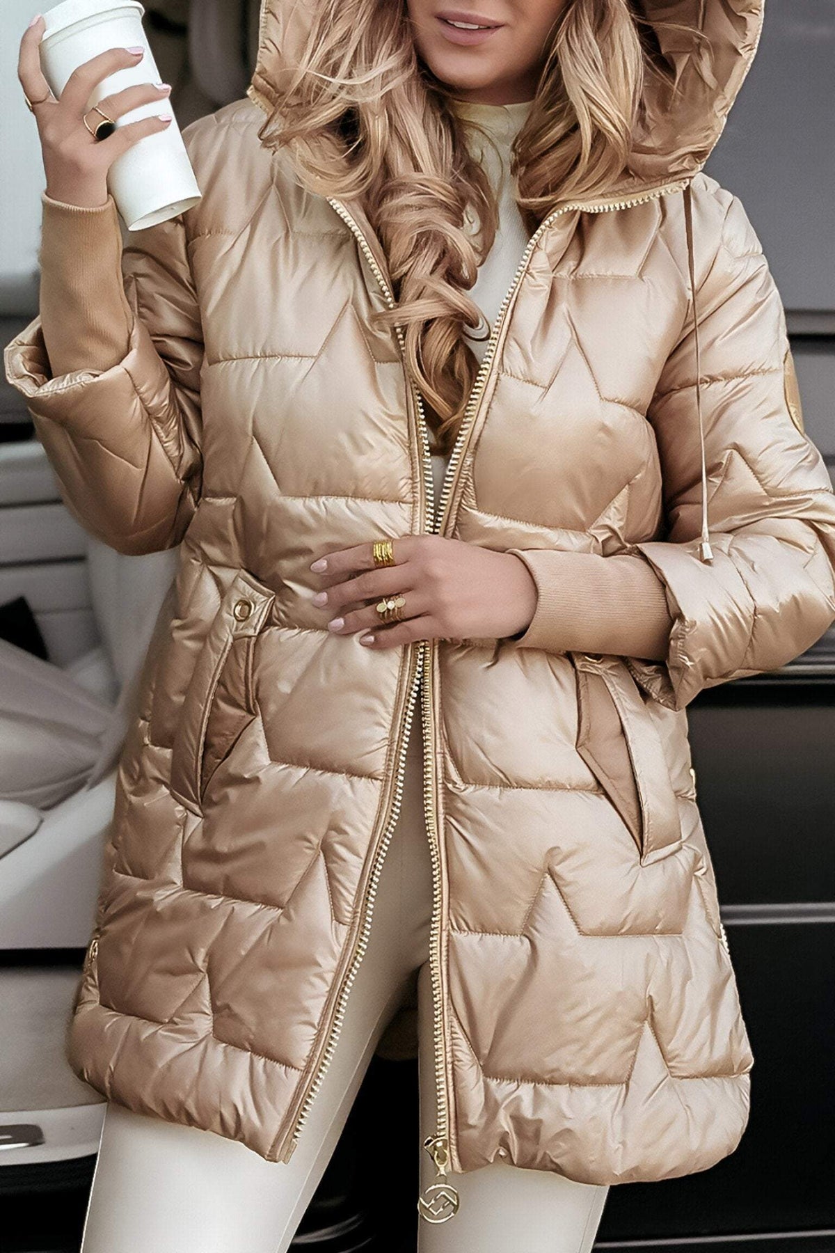 Women's Puffer Coat – Mid-Length Hooded Quilted Jacket – alternate view
